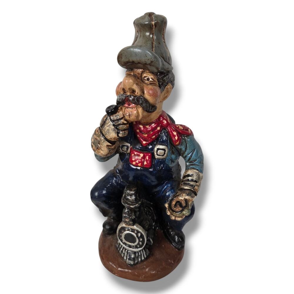 Vintage Steam Train Conductor Statue Pocket Watch Denim Chalkware Railroad 11"